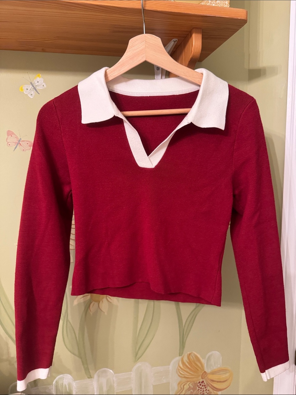 Red Knit Polo with White Contrast Collar Binding Crop Top